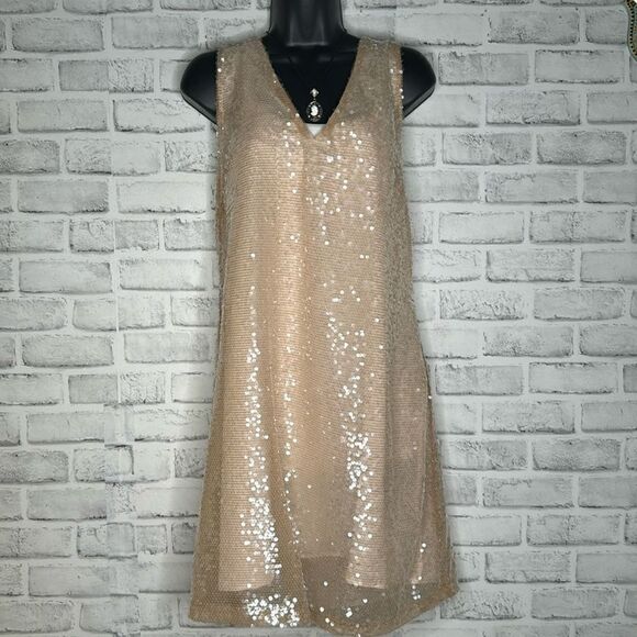 A New Day Cream Sequin V-Neck Sleeveless A-Line Mini Dress Size Large - Picture 3 of 7
